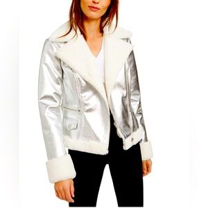 Faux-Fur-Trim Metallic Moto Jacket (Sz XL) - NWT
